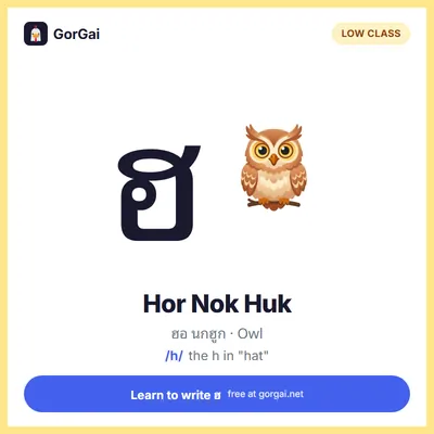 ฮ Hor Nok Huk (Owl): Thai consonant flashcard, low class, sound /h/