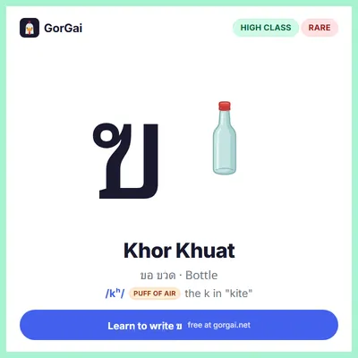 ฃ Khor Khuat (Bottle): Thai consonant flashcard, high class, sound /kʰ/