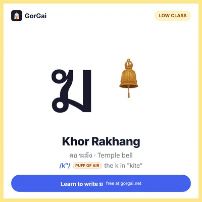 ฆ Khor Rakhang (Temple bell): Thai consonant flashcard, low class, sound /kʰ/