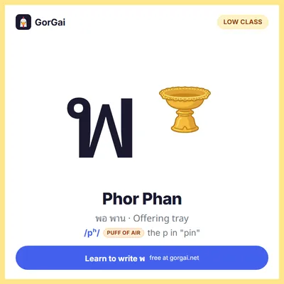 พ Phor Phan (Offering tray): Thai consonant flashcard, low class, sound /pʰ/