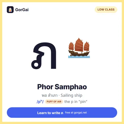ภ Phor Samphao (Sailing ship): Thai consonant flashcard, low class, sound /pʰ/