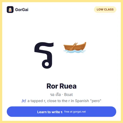 ร Ror Ruea (Boat): Thai consonant flashcard, low class, sound /r/