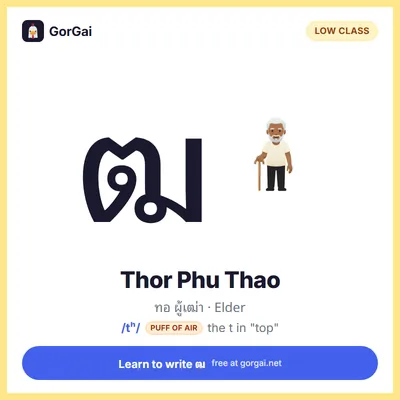 ฒ Thor Phu Thao (Elder): Thai consonant flashcard, low class, sound /tʰ/