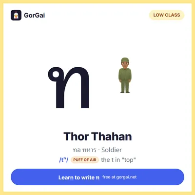 ท Thor Thahan (Soldier): Thai consonant flashcard, low class, sound /tʰ/