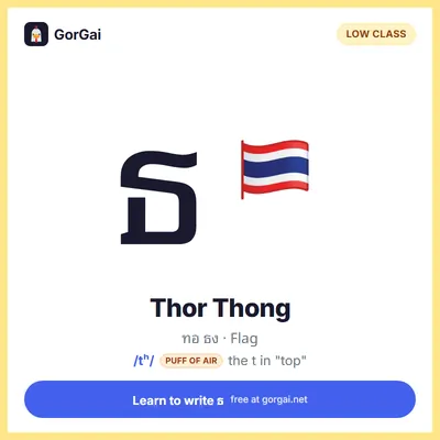 ธ Thor Thong (Flag): Thai consonant flashcard, low class, sound /tʰ/