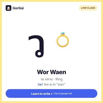 ว Wor Waen (Ring): Thai consonant flashcard, low class, sound /w/