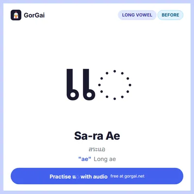 แ◌ Sa-ra Ae: Thai vowel flashcard, long vowel written before the consonant, sound "ae"