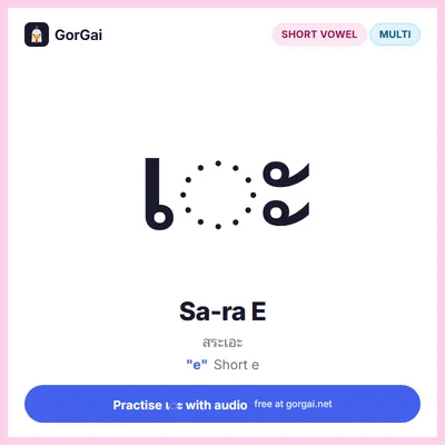 เ◌ะ Sa-ra E: Thai vowel flashcard, short vowel written multi the consonant, sound "e"