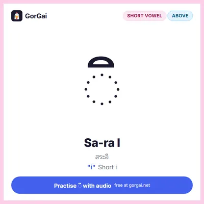 ◌ิ Sa-ra I: Thai vowel flashcard, short vowel written above the consonant, sound "i"