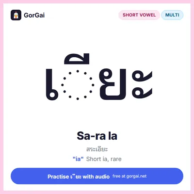 เ◌ียะ Sa-ra Ia: Thai vowel flashcard, short vowel written multi the consonant, sound "ia"