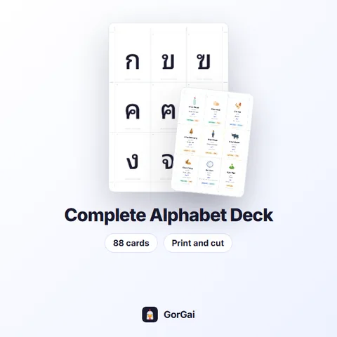 Complete Alphabet Deck: 88 cards, printable Thai flashcards