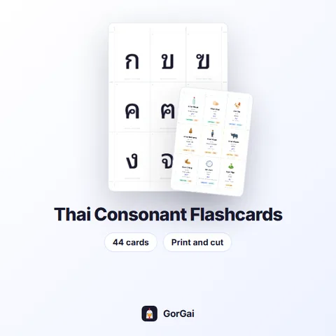 Thai Consonant Flashcards: 44 cards, printable Thai flashcards